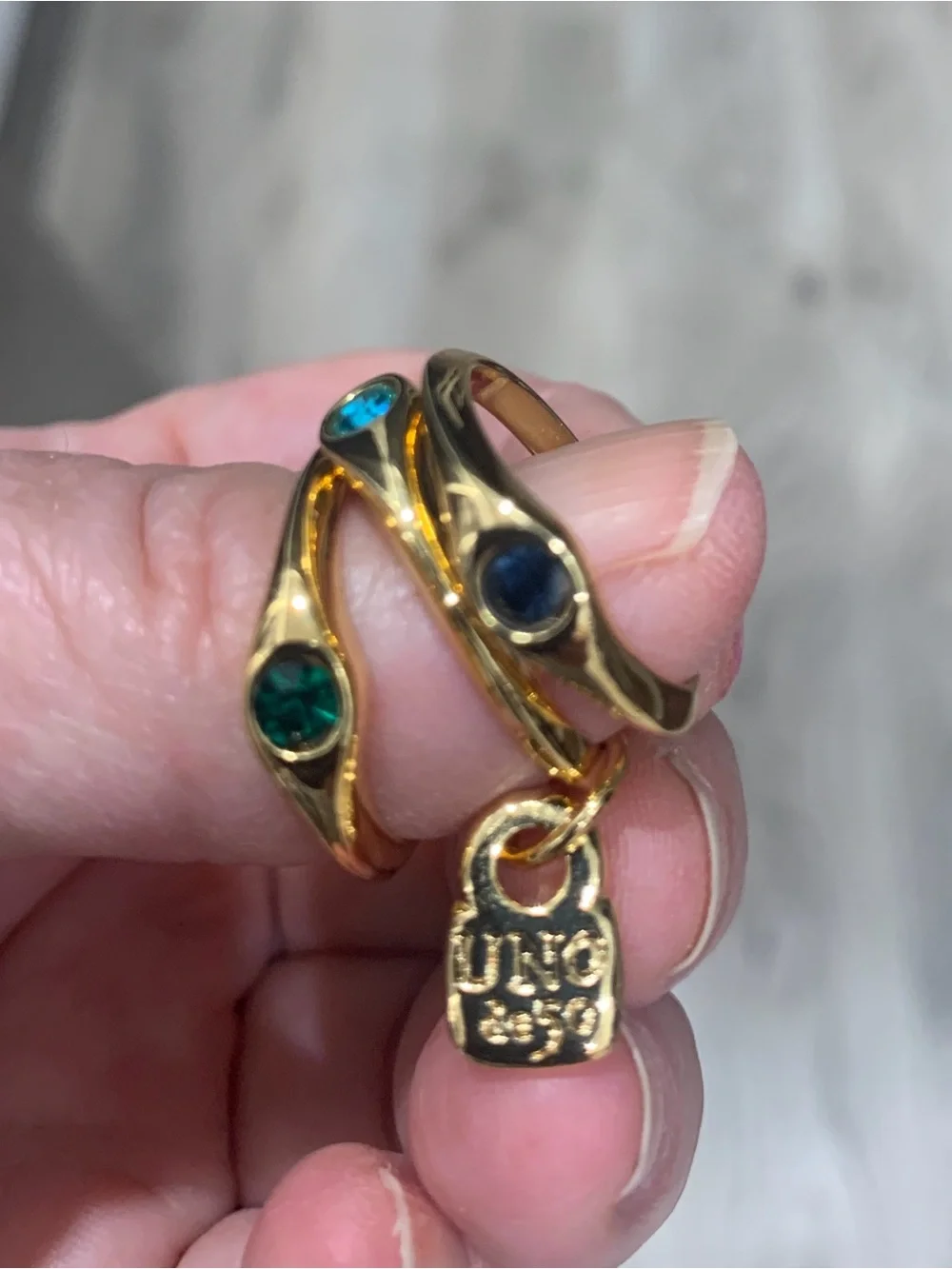 Gold Triple Stack Ring with Blue and Teal Gem Accents